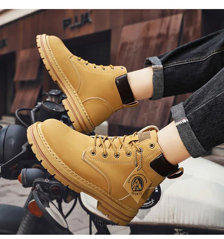 Men's High-Top Leather Motorcycle Ankle Boots, Winter Fashion Lace-Up Combat Footwear