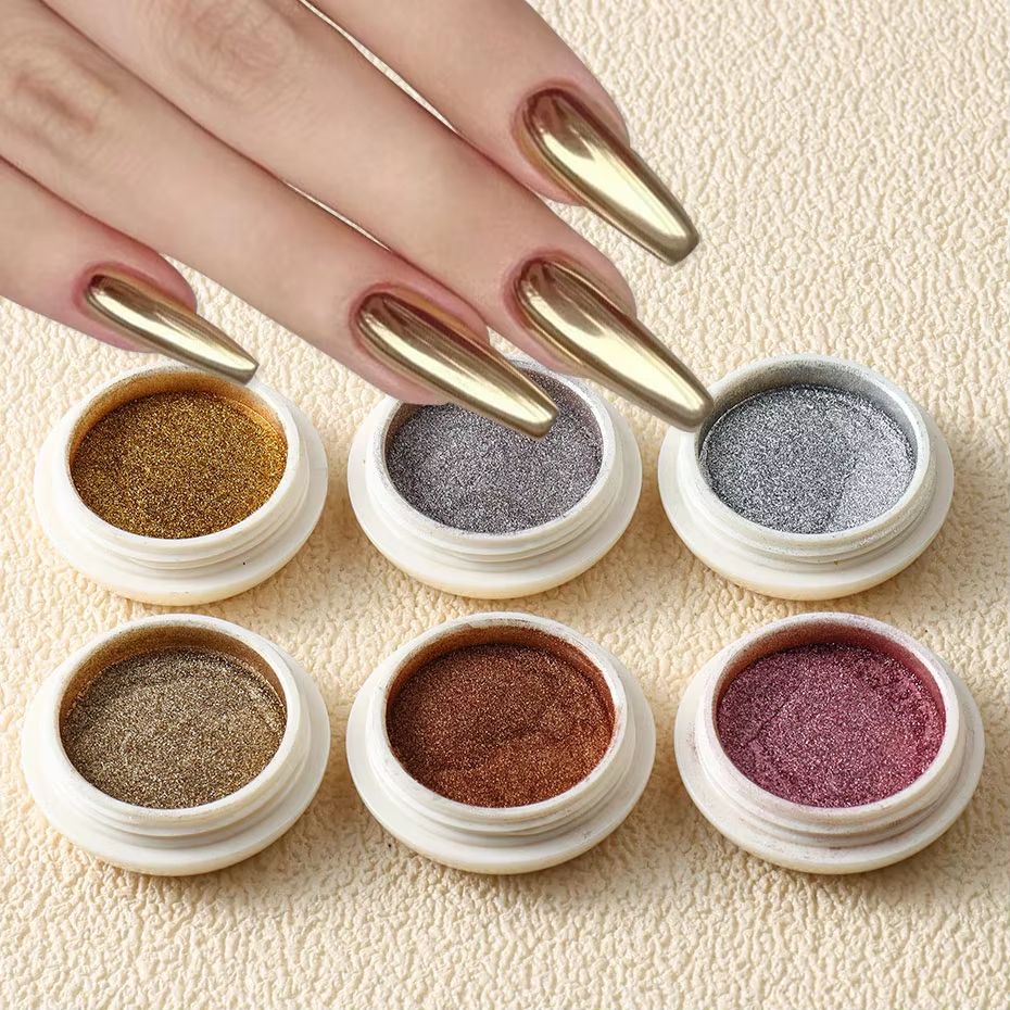 6-Piece Metallic Mirror Nail Art Dust Set with Chrome Glitter Pigments