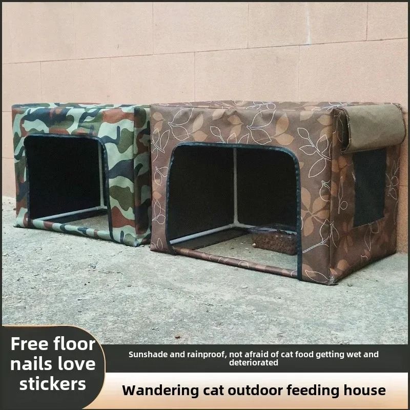 Outdoor Stray Cat Feeding House with Waterproof Canopy Rain Shelter Durable Oxford Cloth Nest
