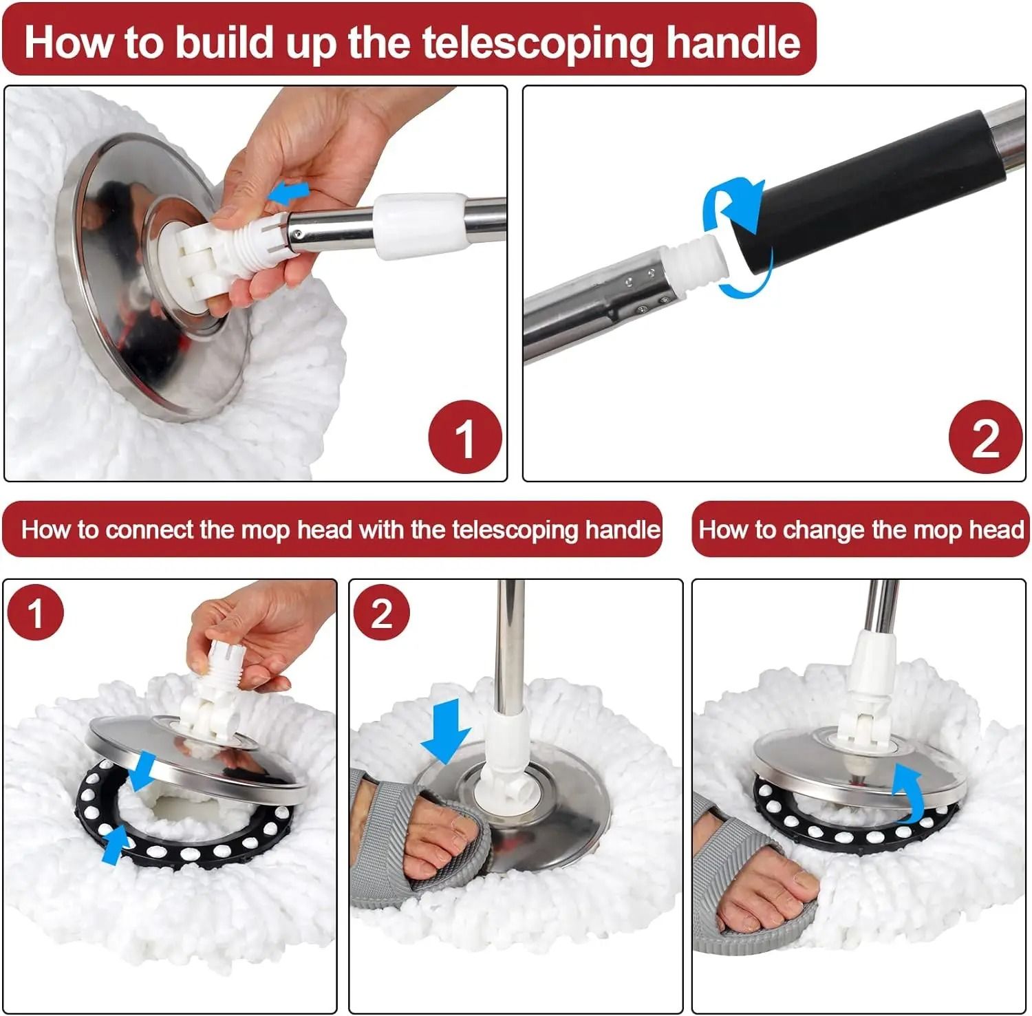 Spin Mop and Bucket Set with Wring System and 3 Microfiber Heads