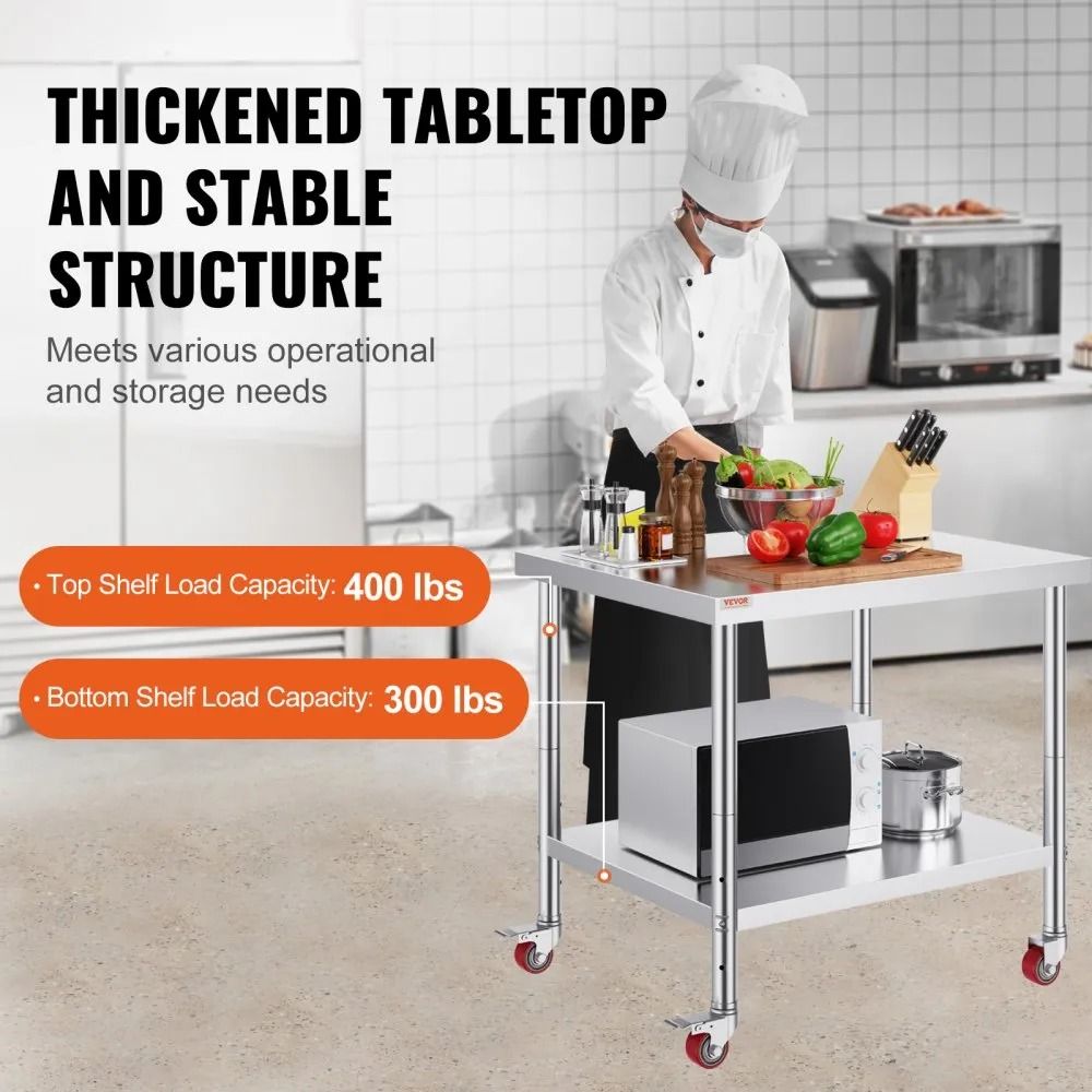 Heavy Duty Stainless Steel Work Table, High LBS Load, Commercial Prep Table, Adjustable Shelf Levels, Rolling Kitchen