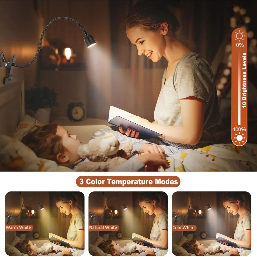 USB LED Clip-On Reading Light – Dimmable Gooseneck Book Lamp with Adjustable Brightness