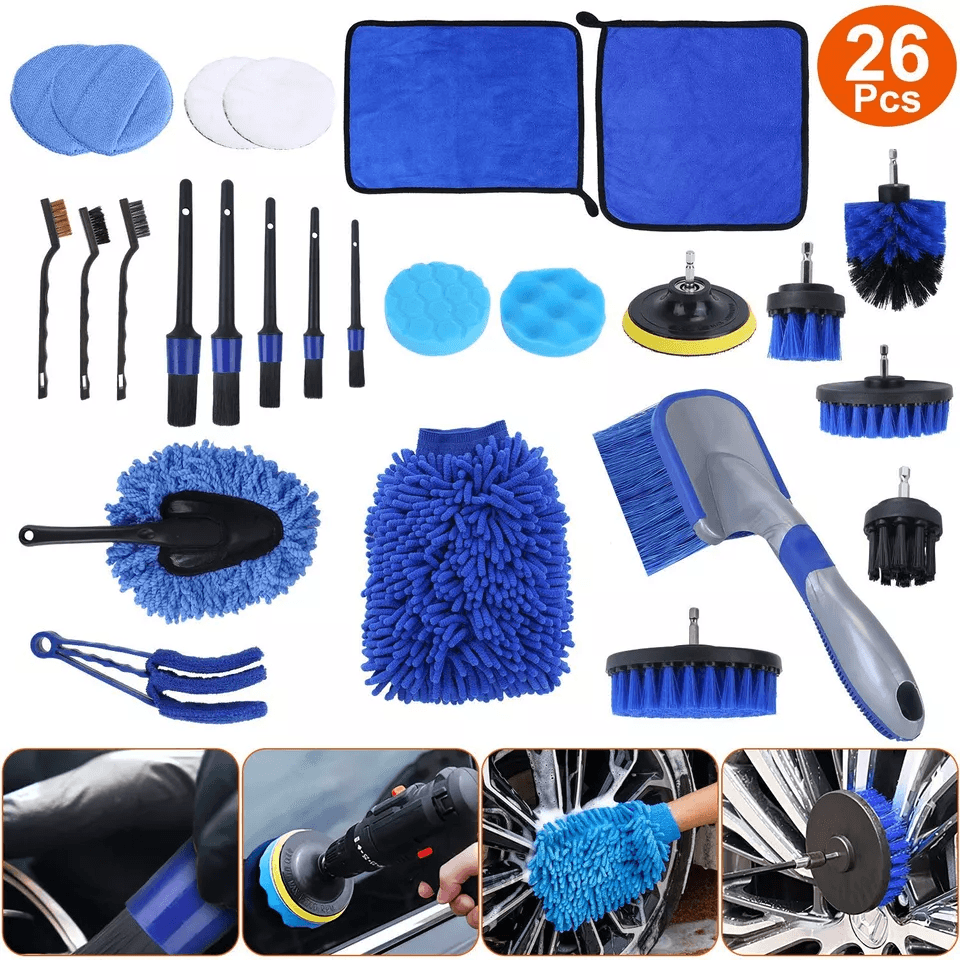Complete Car Wash Cleaning Kit with Detailing Drill Brushes, Interior, Exterior, Wheel, Tire & Engine Care Essentials