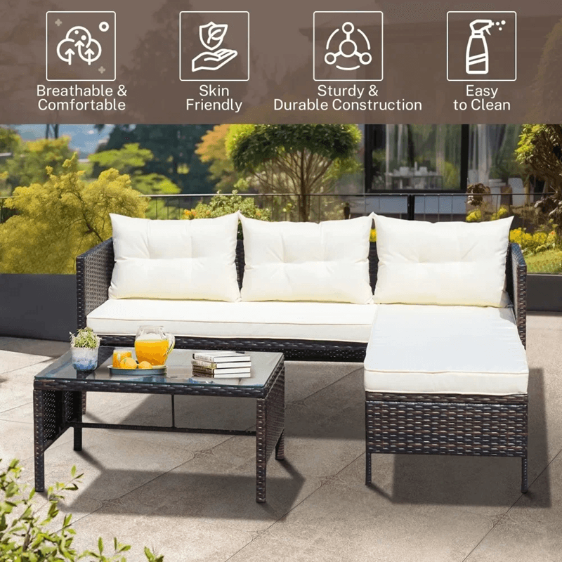 3-Piece Outdoor Patio Furniture Set – All-Weather Wicker Conversation Set with Chaise Lounge