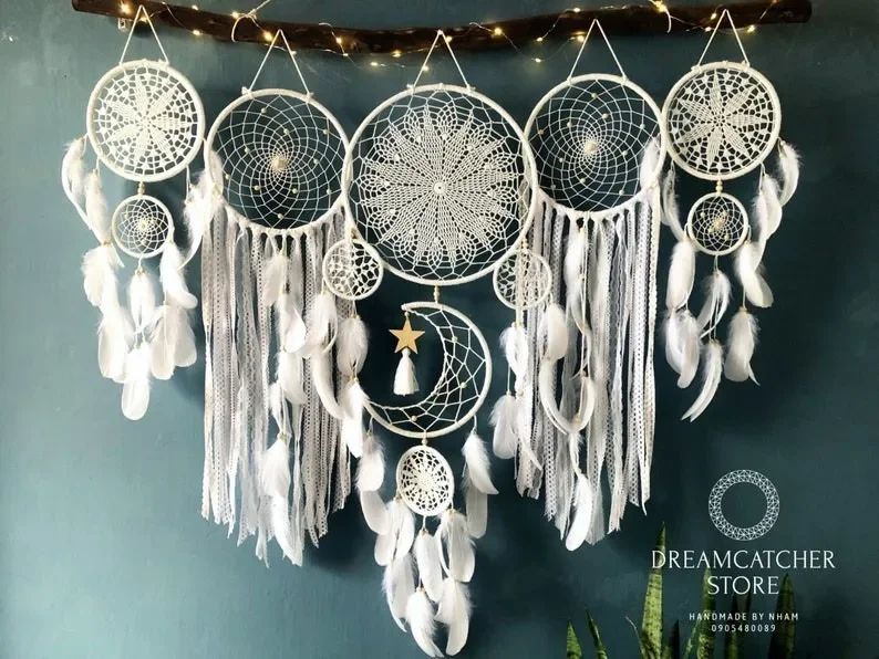 Boho Macrame Dream Catcher Wall Decor Set with Moon Design for Nursery & Home