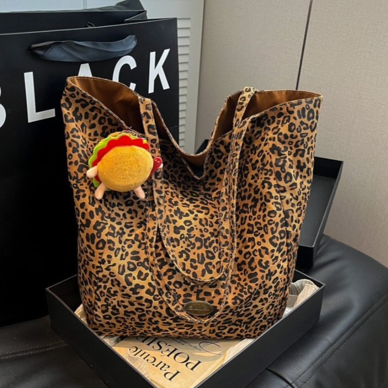 Leopard Print Canvas Tote Bag for Women Large Casual Shoulder Handbag