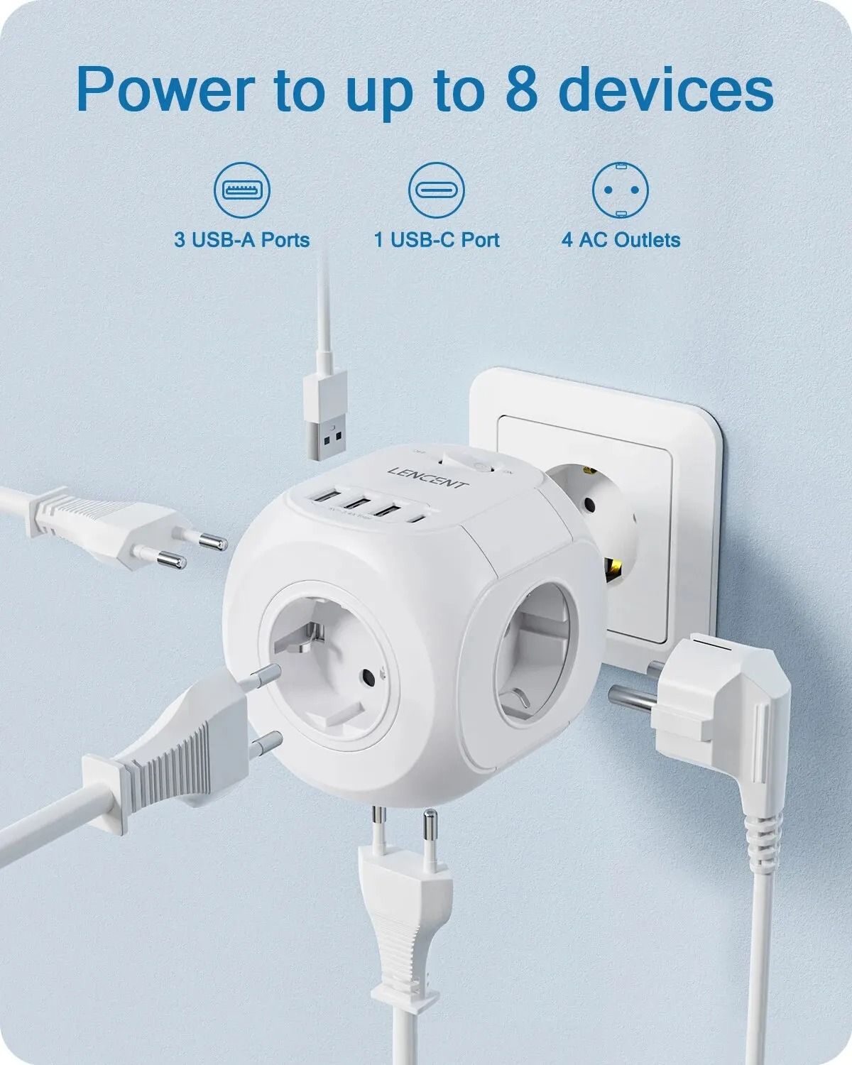 EU Plug 8-in-1 Socket Extender with USB and Type C Charging