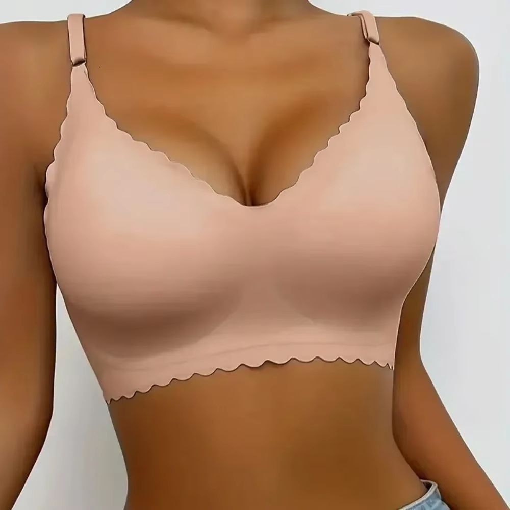 Women's Ice Silk Seamless Wire-Free Padded Bra with Wavy Edge Comfortable Support