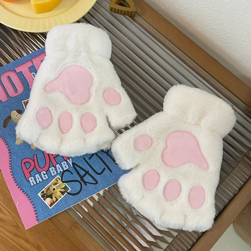 Cute Plush Cat Paw Gloves Fingerless Fluffy Claw Mittens for Cosplay & Winter Warmth