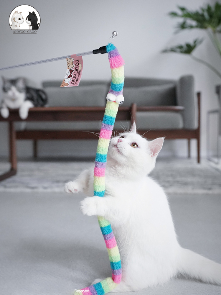Interactive Feather Cat Toy Wand Colorful Caterpillar Teaser for Fun Playtime