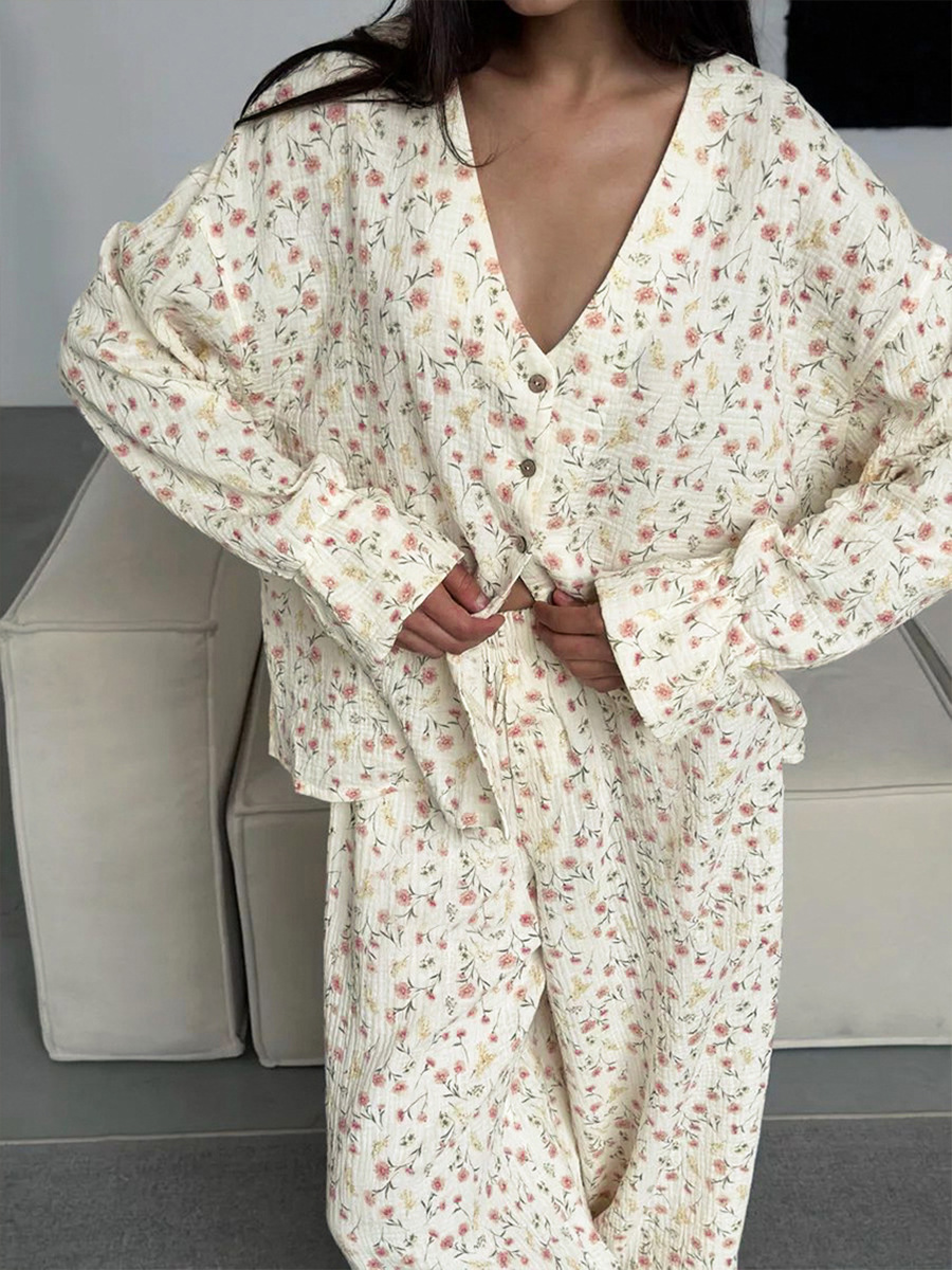 Women's New Autumn Muzuleva Cotton Printed Cardigan Pajama Set, Long Sleeved Pants Pajamas, Loose Home Clothing Set