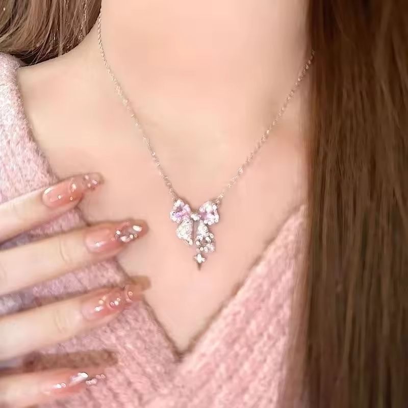 Sweet Pink Bow Pendant Necklace