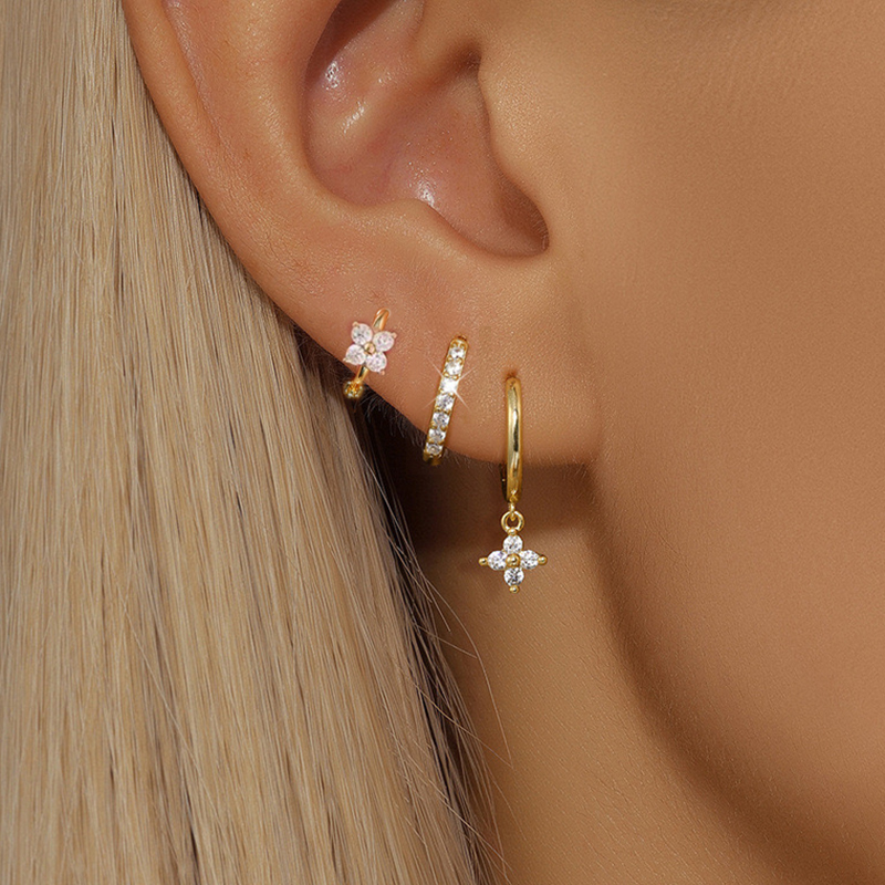 Trendy Stainless Steel Flower Drop Earring Set, Crystal Zircon Dangle Earring for Women, Elegant Piercing Jewellery