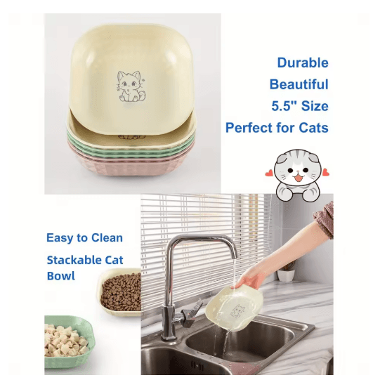 6PCS Non Slip Cat Bowls Set Shallow Whisker Relief Dishes with 5.5in Wet Food Plates