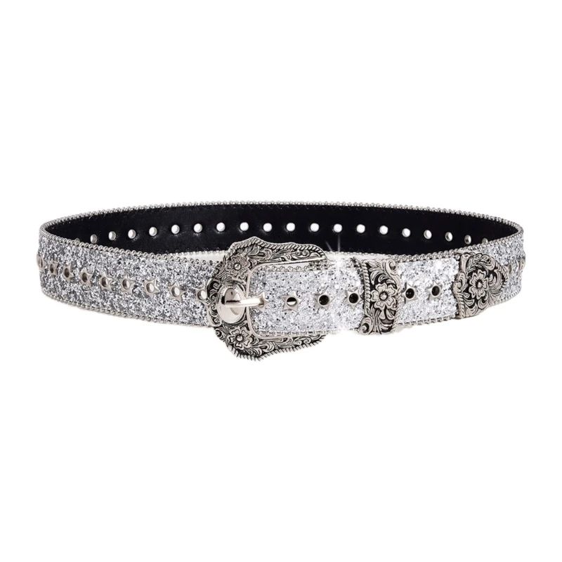 Glitter Sequined Waist Belt with Sparkling Buckle