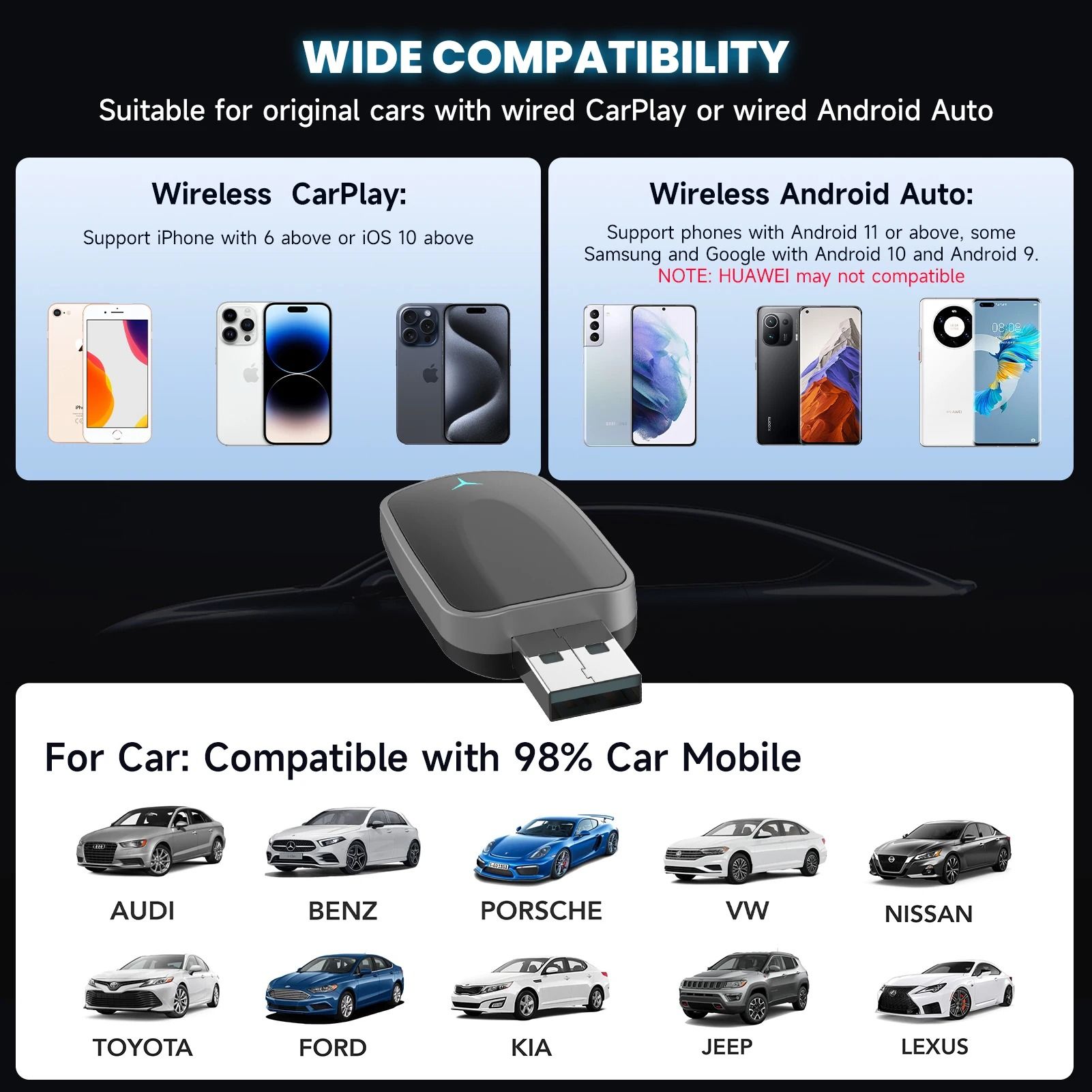 2 in 1 Wireless CarPlay Adapter and Android Auto Wireless Converter Plug and Play