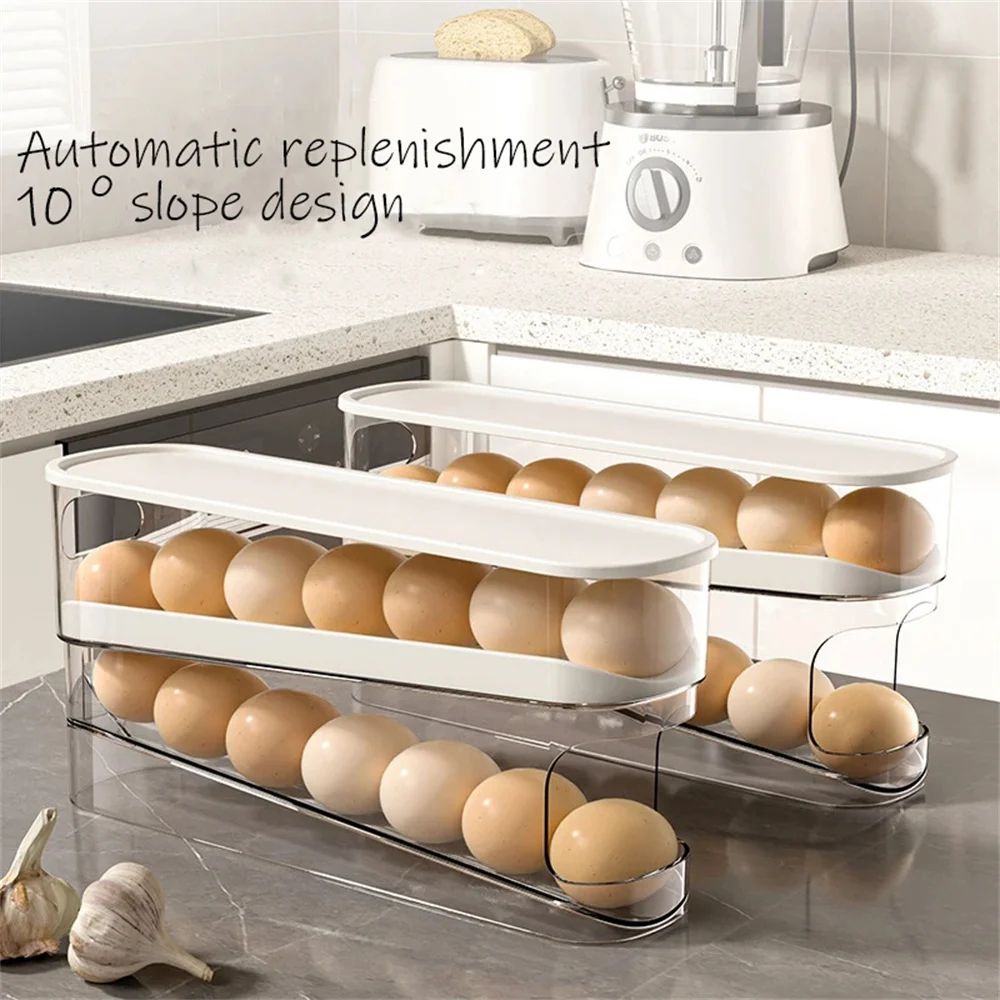 Double-Layer Automatic Egg Roller Storage Rack – Slide Type Refrigerator Egg Holder for Kitchen Counter & Side Door