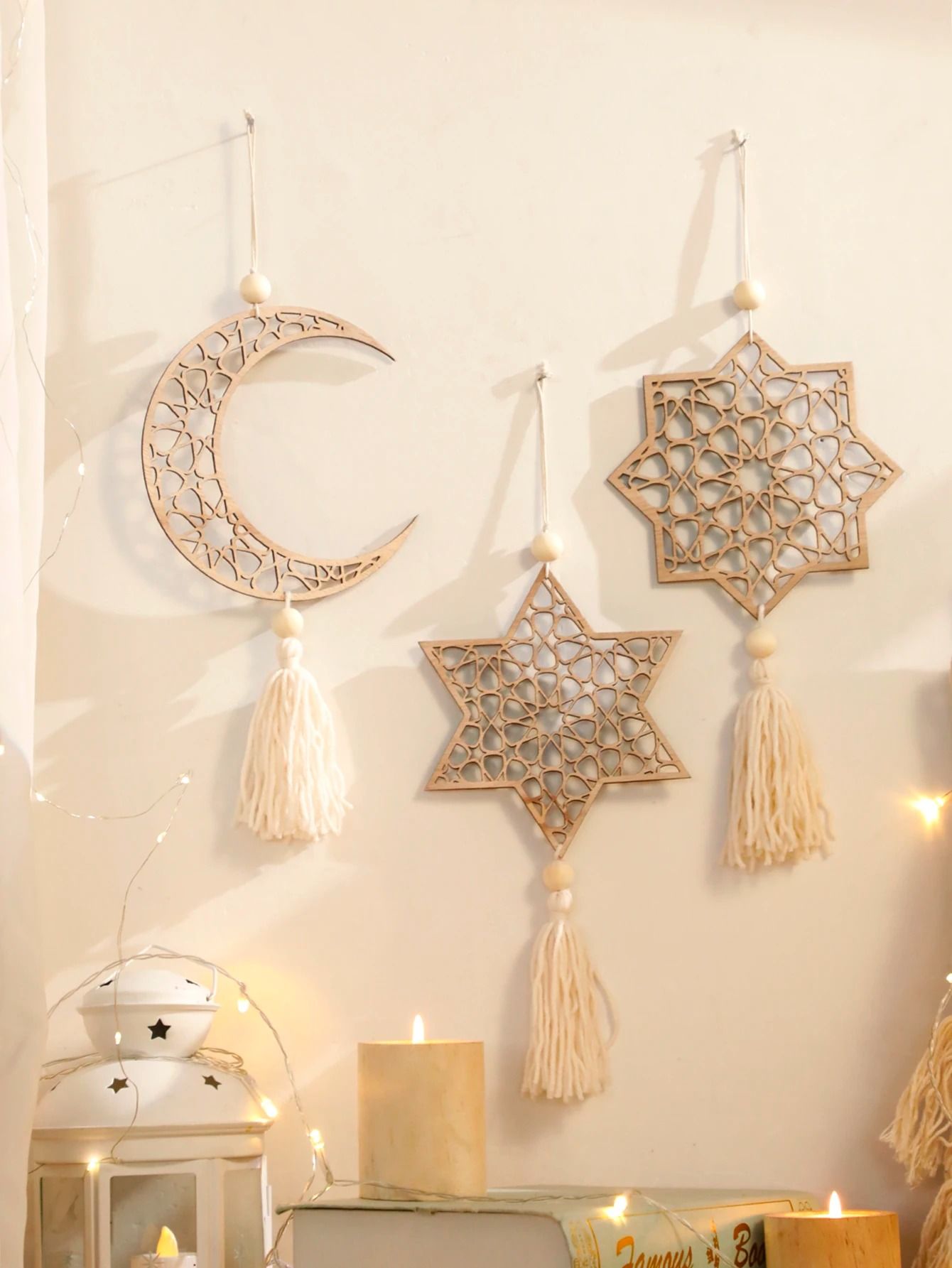 Wooden Ramadan Lunar Tassels & Eid Mubarak Ornaments