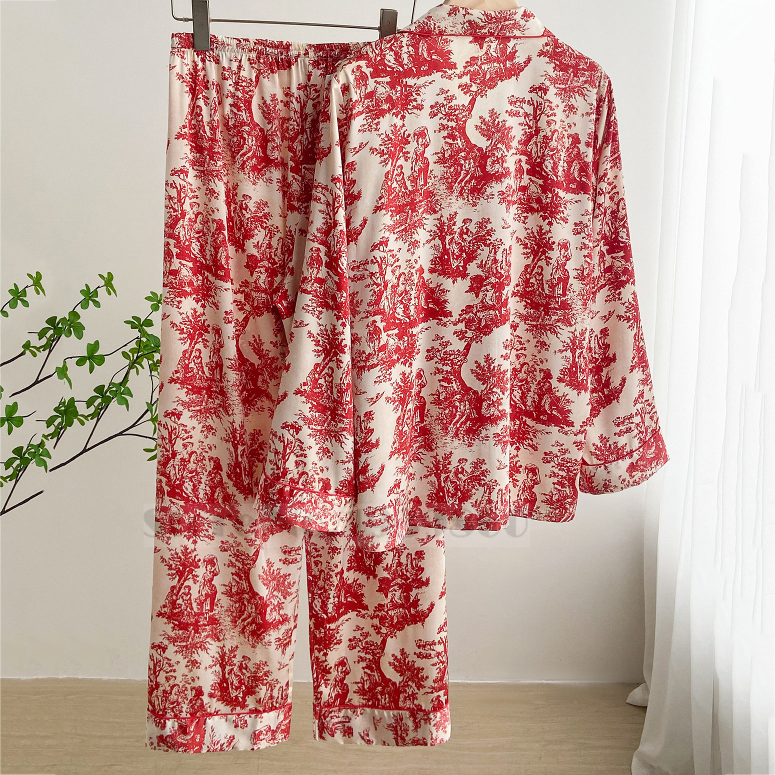 Women Sleepwear Spring Summer, Fashion Print Flower Pajamas Set, Trouser Suits Lounge Wear Loose Satin, Homewear Pijamas