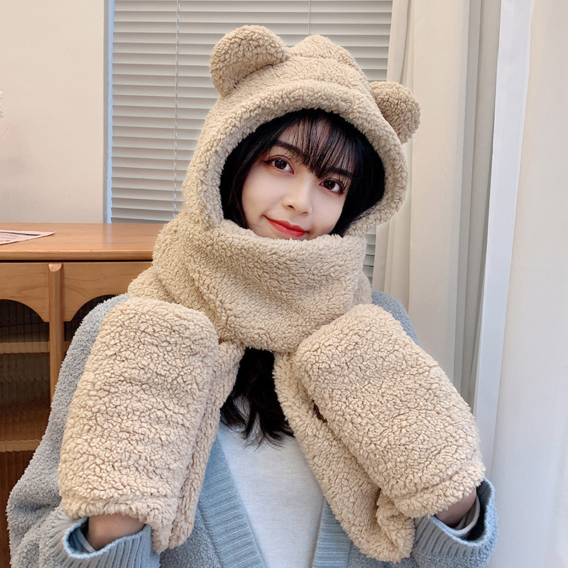 Teddy Bear Hat Women's Autumn Winter Plush Scarf One-piece Hooded Gloves Three Piece Warm Set