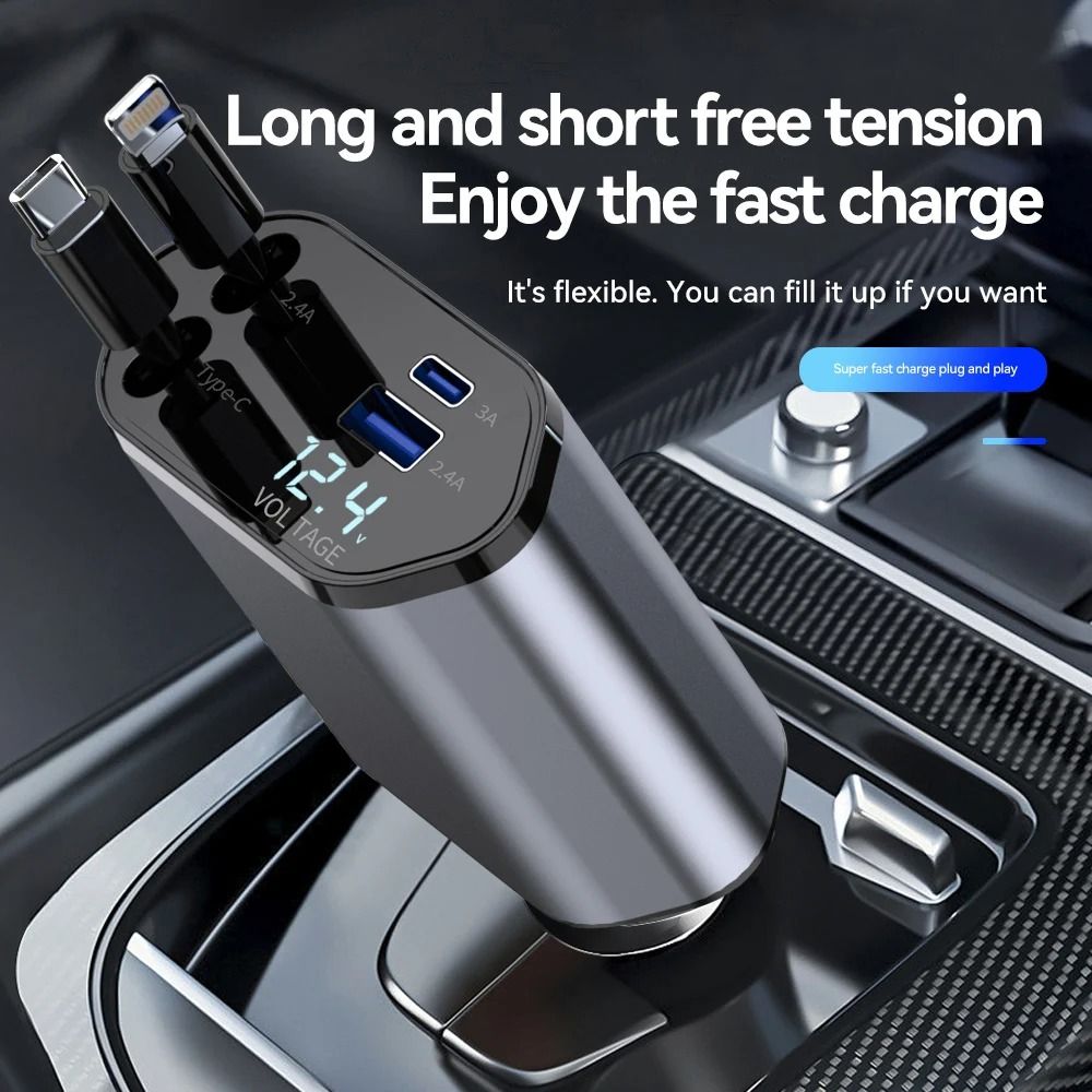 4 in 1 Retractable Car Charger with 120W Fast Charge and Type C Cable