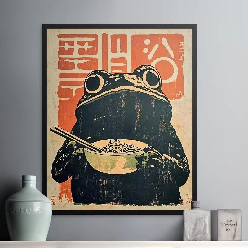 Retro Japanese Frog Ramen Canvas Wall Art Frameless Aesthetic Decor