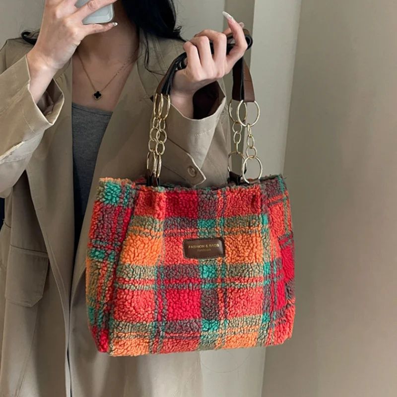 Red Plaid Lambswool Shoulder Tote Bag for Women – Large Capacity Autumn Winter Underarm Purse, Cozy Soft Fashion Handbag
