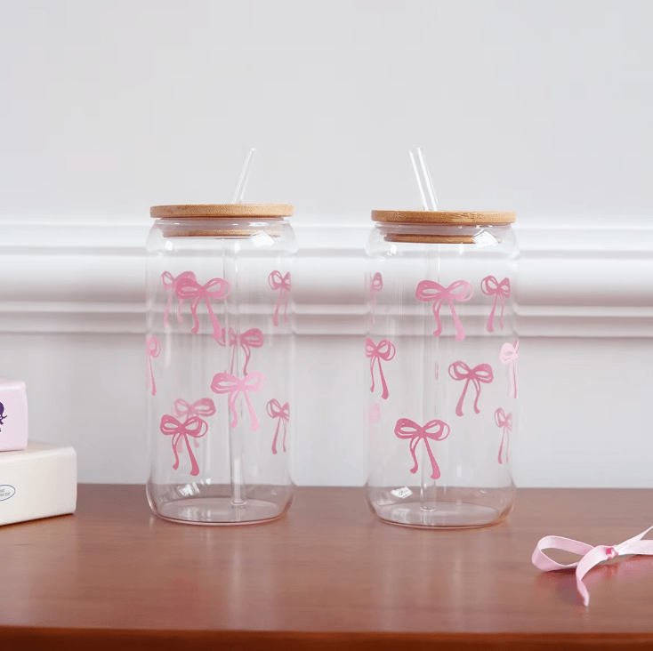 Bow Glass Cup with Lid and Straw – Aesthetic Cute Drinking Tumbler for Coffee & Milk