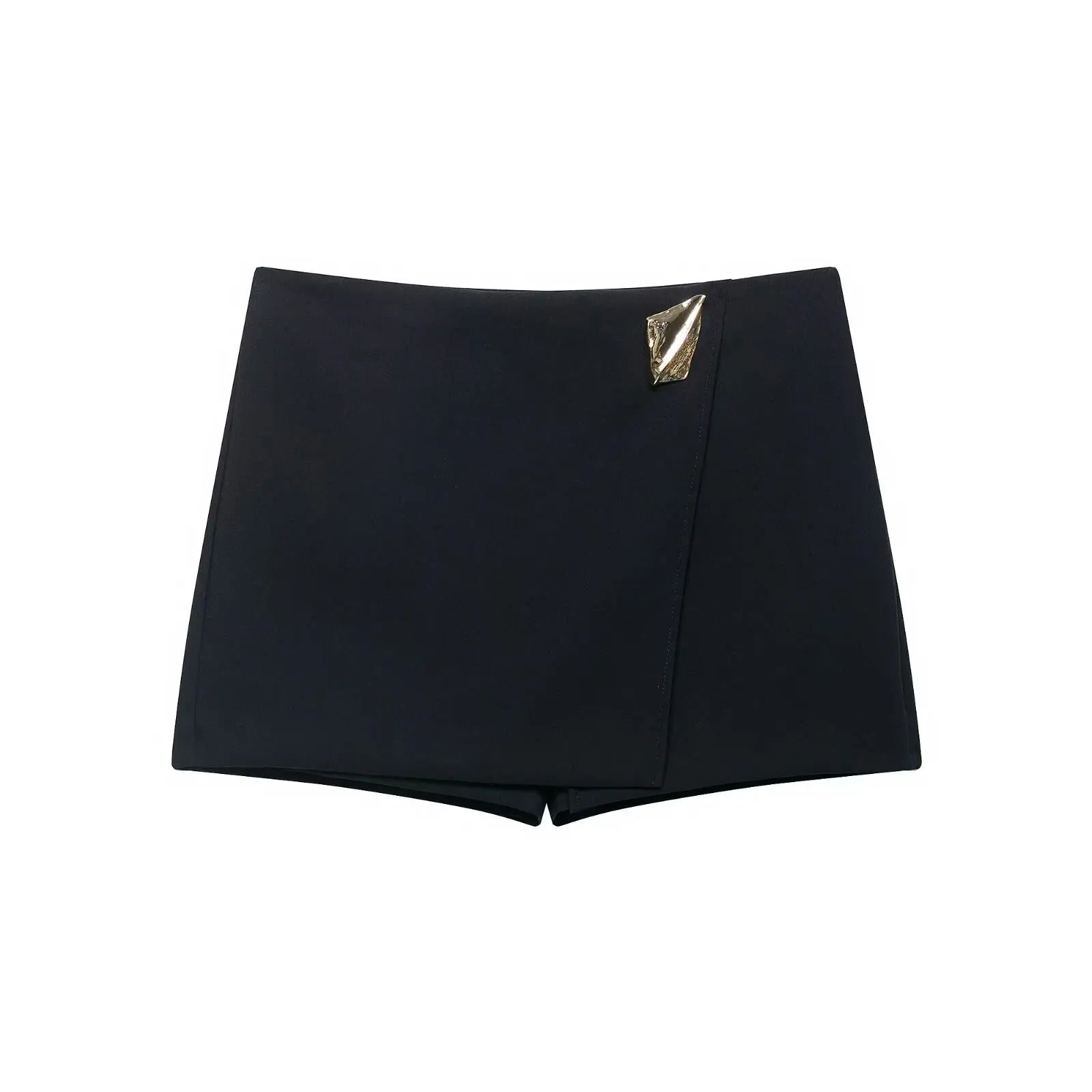 HH 2025 Autumn Asymmetric Culottes | Womens High-Waist A-Line Pantskirt with Metal Applique