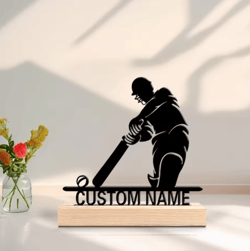 Personalized Cricket Player Metal Art Statue with Wooden Base Custom Sports Gift Decor