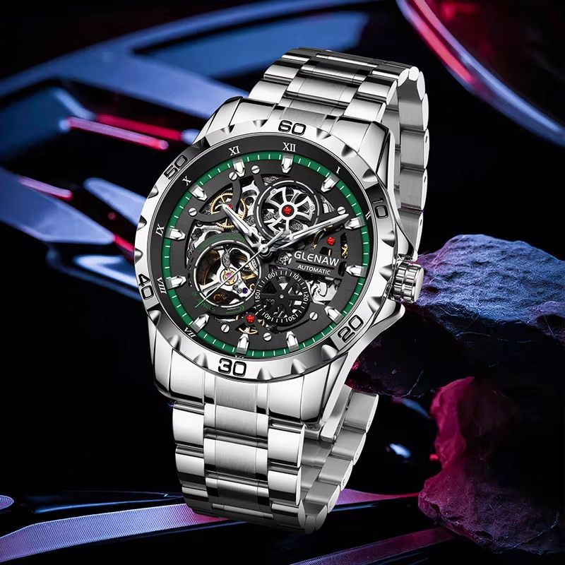 GLENAW Steampunk Skeleton Automatic Men's Watch – Luxury Mechanical Watch with Luminous Waterproof Design