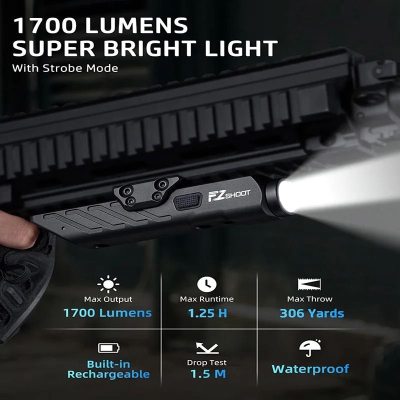 1700 Lumens Tactical LED Flashlight with Picatinny Rail Mount and Strobe Mode