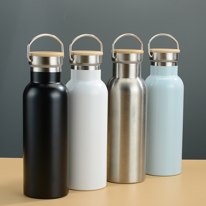 Bamboo Lid Insulated Water Bottle Stainless Steel Travel Thermos