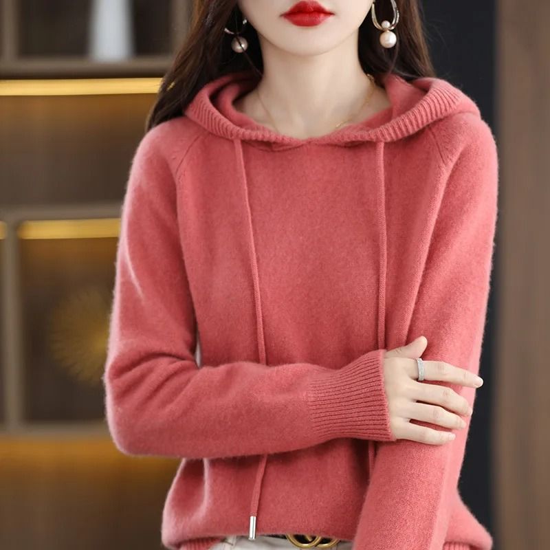 Casual Womens Knitted Hoodie Sweater Loose Drawstring Pullover Hoodie