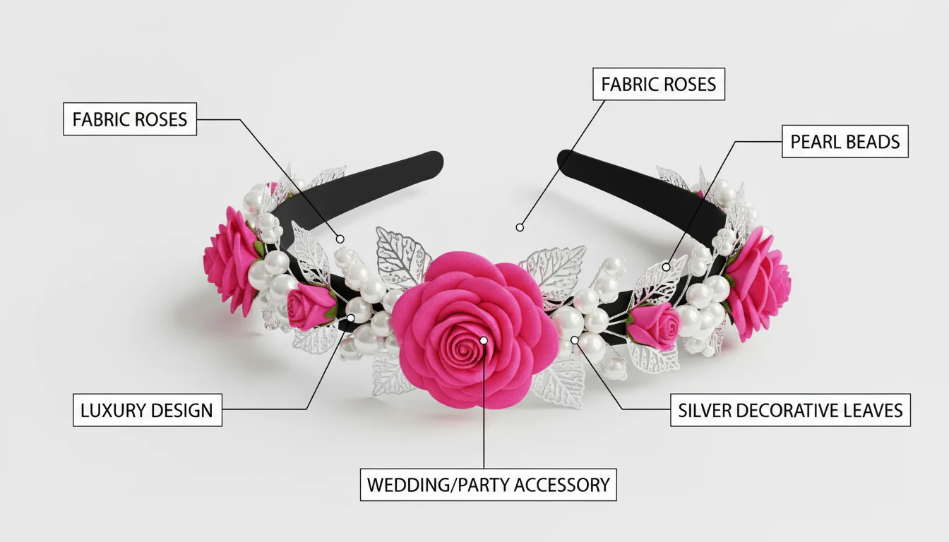 Pink Rose Headband with Pearls & Silver Leaves