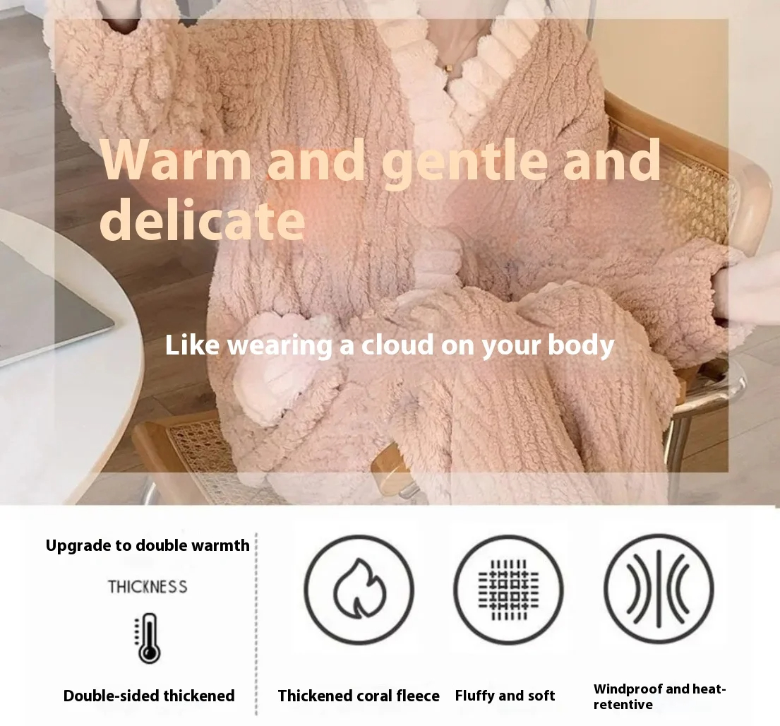 Cozy Thickened Warm Flannel Women Sleepwear, Soft Kawaii Pajamas, Winter Cardigan Suit Homewear