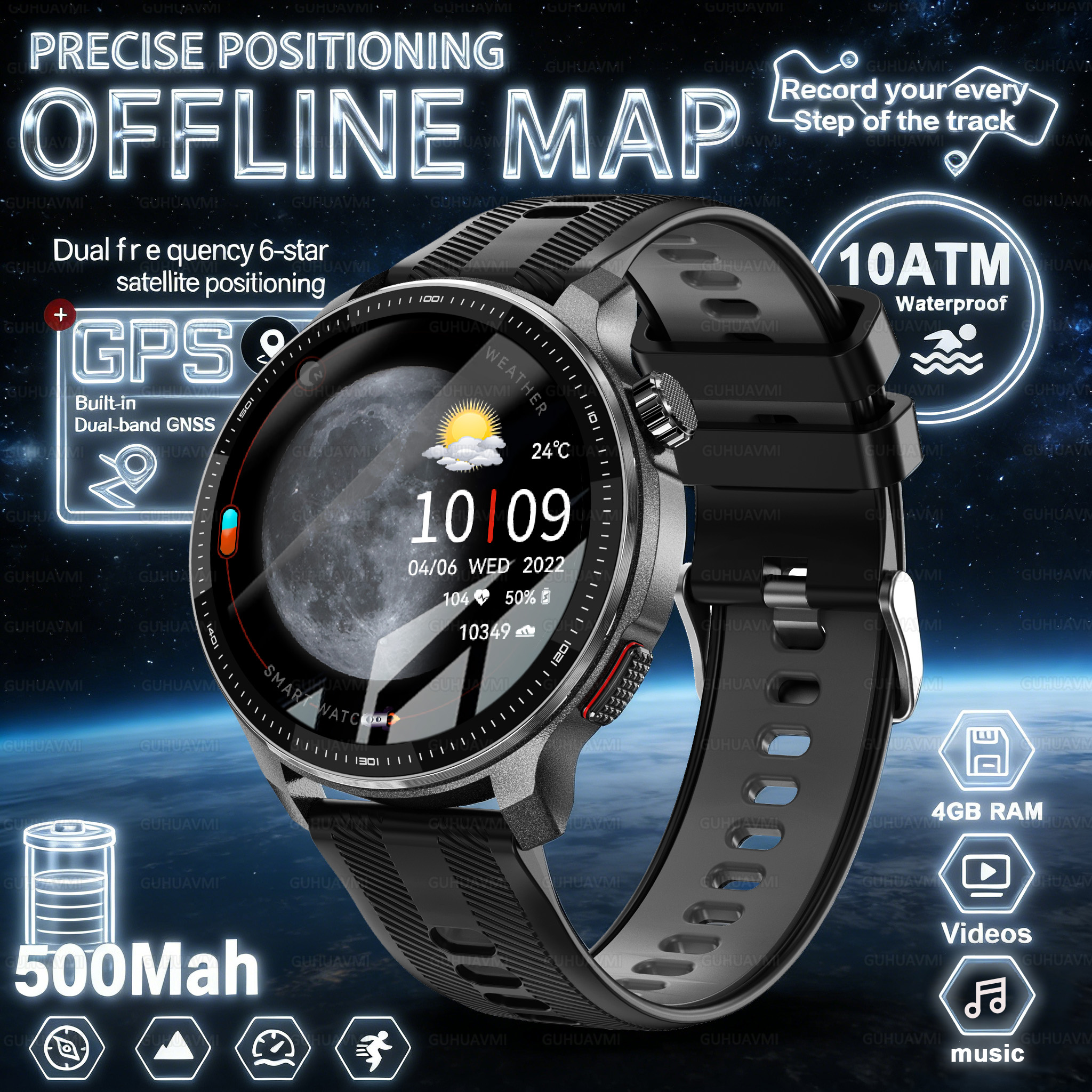 Smart Watch with Offline Maps, GPS Music Player & 10ATM Waterproof Fitness Tracker