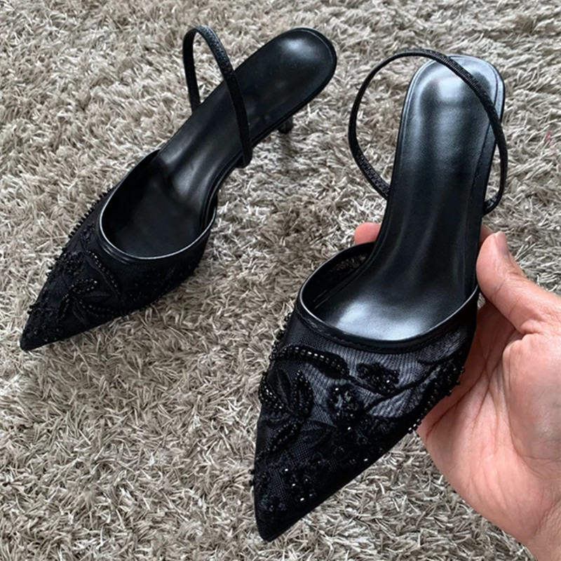 Elegant Black Mesh Embroidery Women Pumps, Sexy Pointed Toe Beaded High Heels & Designer Summer Party Heeled Sandals