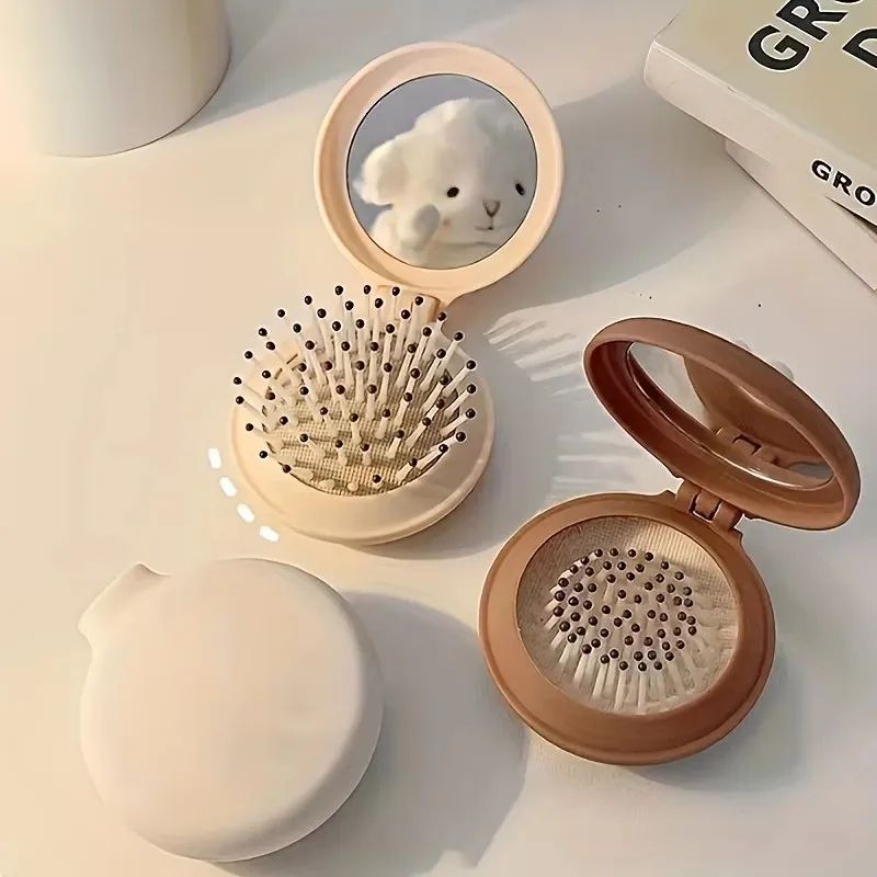 Mini Folding Travel Hair Brush with Mirror Lightweight Portable Pocket Comb for Women Dual Fold Hand Washable
