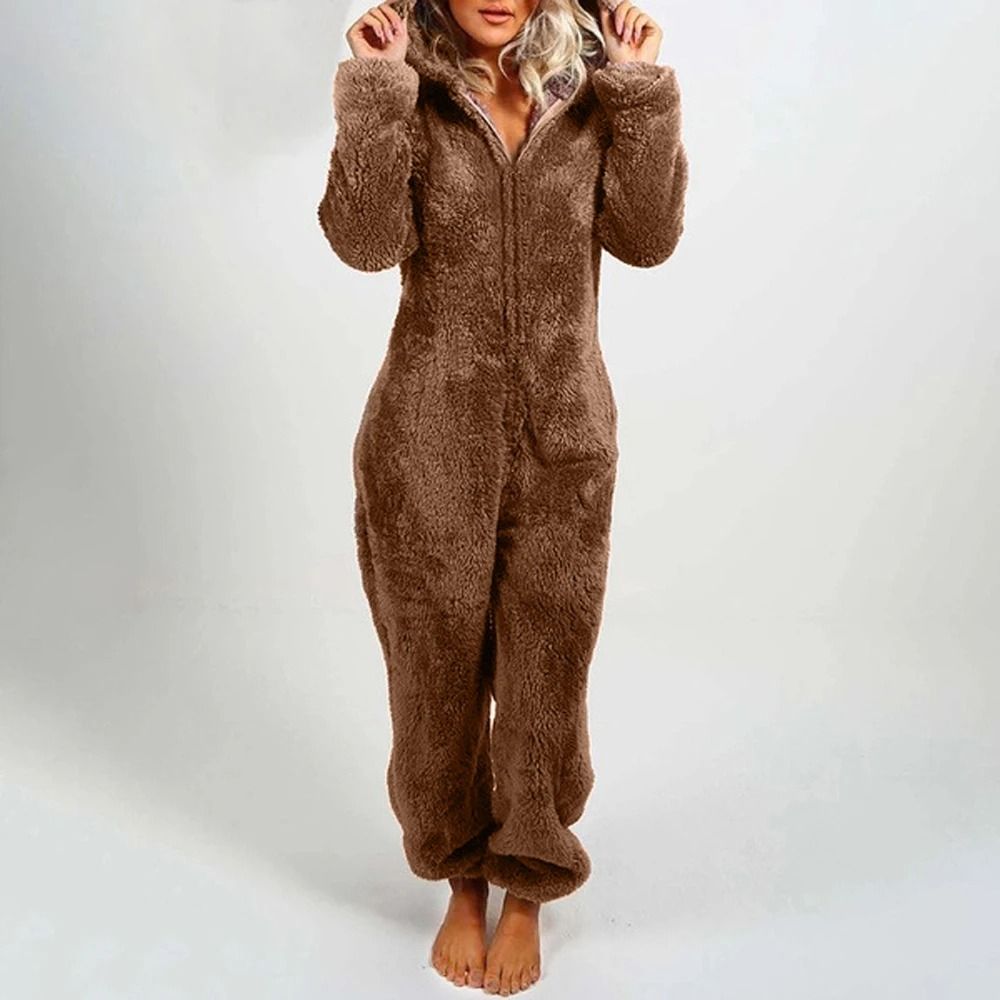 Womens Plush Flannel Pajama Romper Hooded Long Sleeve Winter Sleepwear Onesie