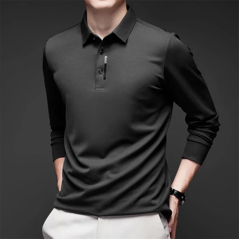 Men's Solid Polo Shirt – Long Sleeve Business Casual Polo with Badge, Anti-Wrinkle Breathable Shirt