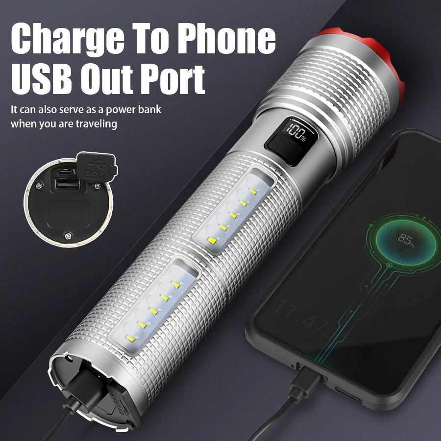 Powerful Rechargeable Tactical LED Flashlight with Zoom and Power Bank