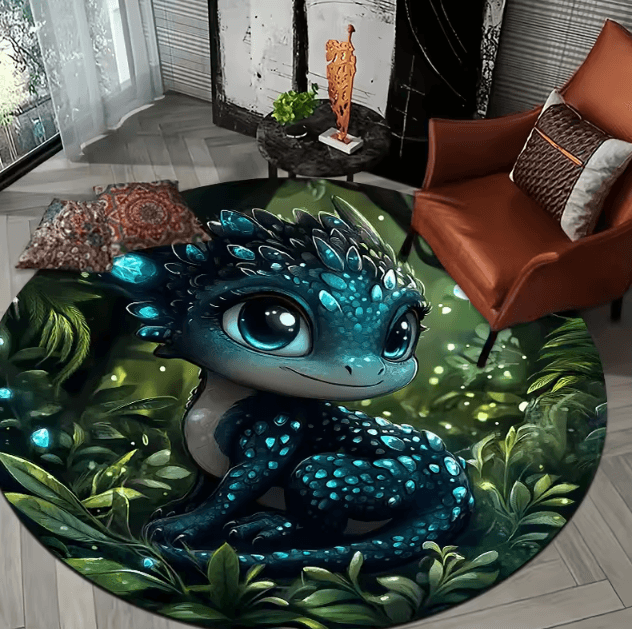 Cartoon Dragon Kids Round Rug – Soft Flannel Non-Slip Floor Mat for Playful Rooms
