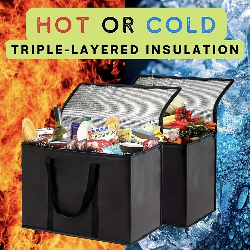 XL Insulated Grocery Tote Bag - Large Soft Cooler Keeps Food Hot & Cold for Hours, Pizza Warmer, Zippered
