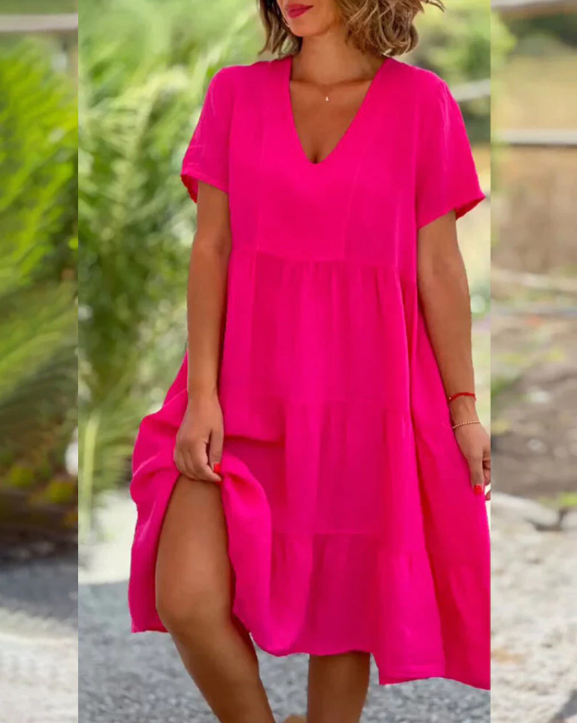 Solid V-neck Large Swing Loose Dress for Summer Sweet Style