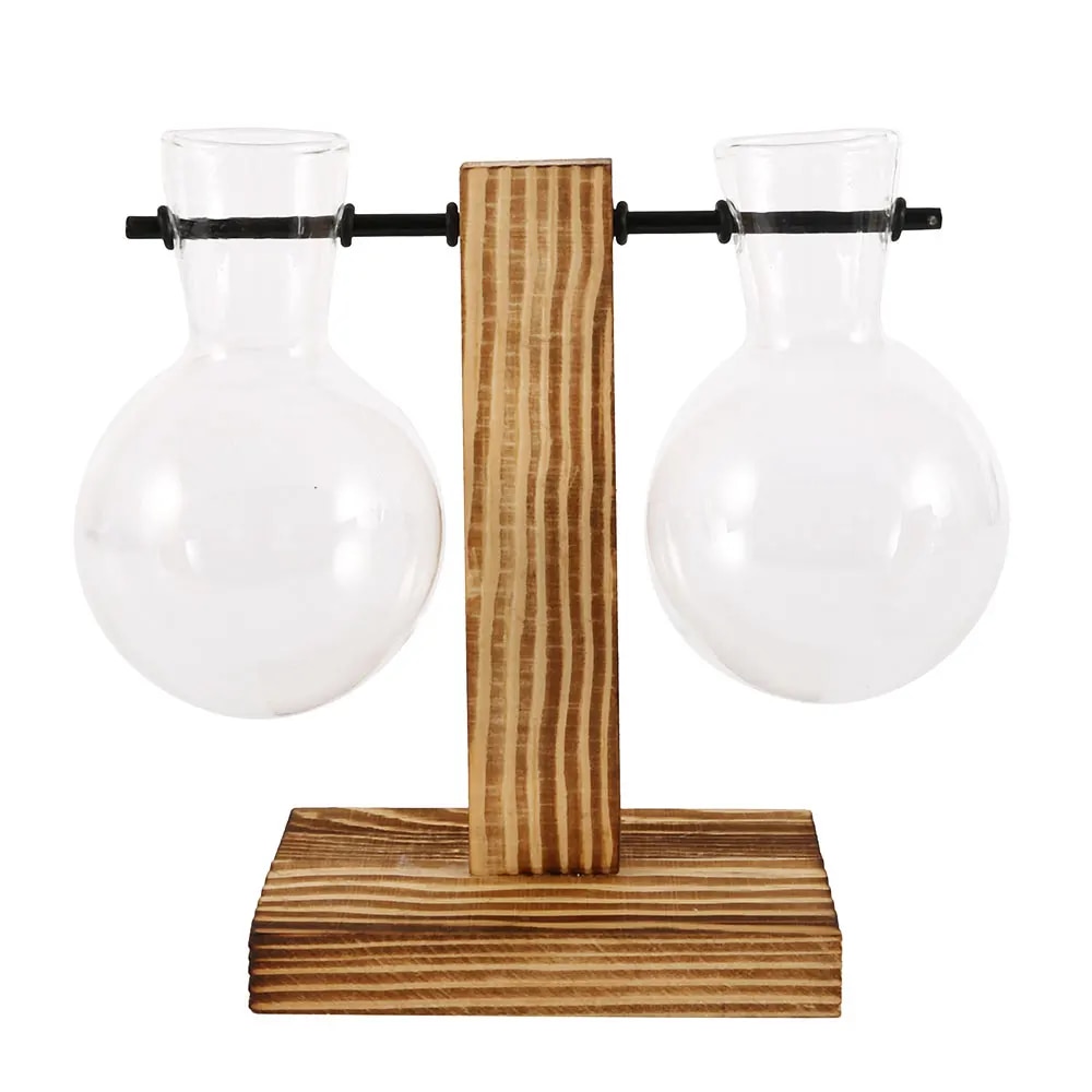 Creative Glass Desktop Planter Bulb Vase with Wooden Stand - Hydroponic Plant Container for Home Tabletop Decor
