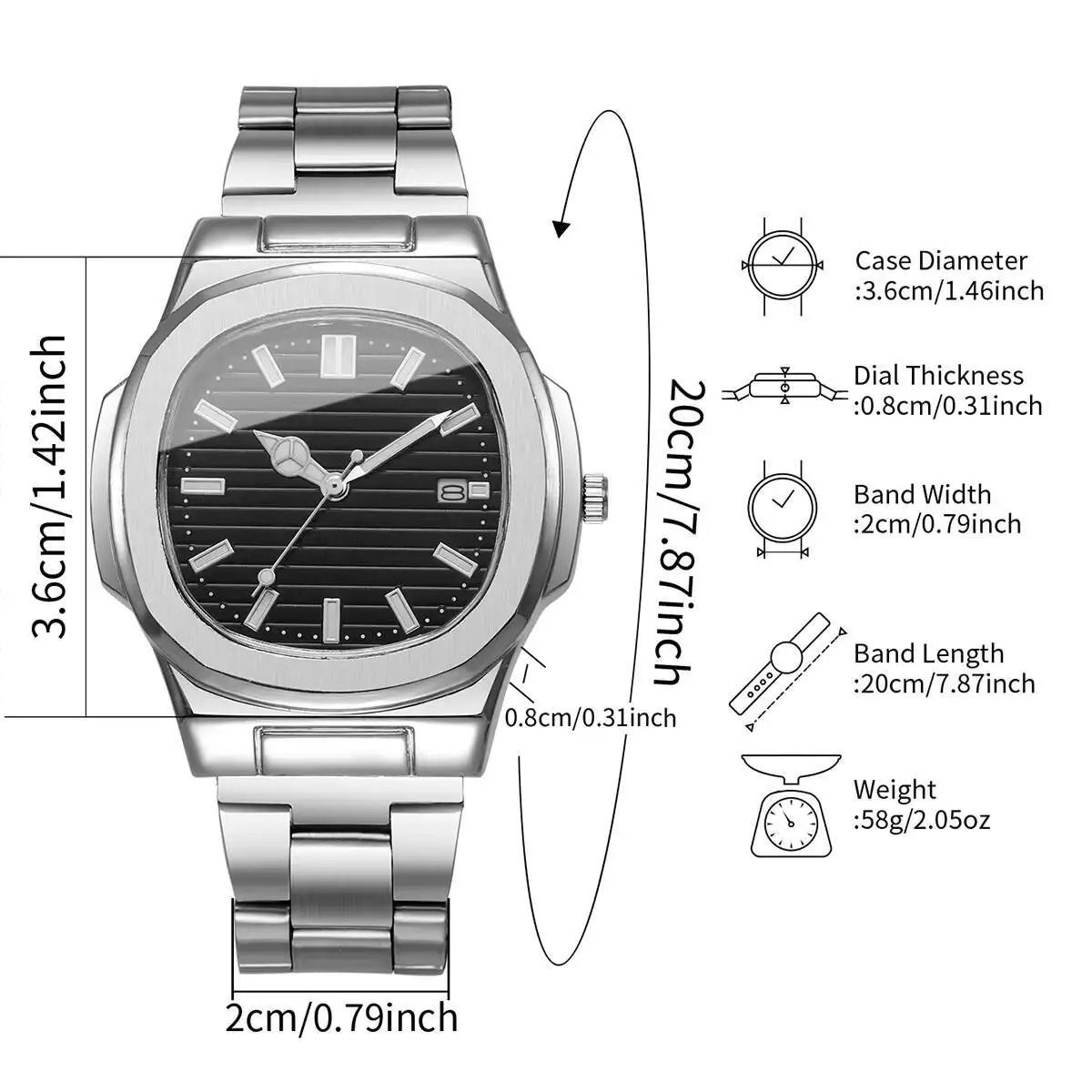 Men Square Dial Stainless Steel Quartz Watch with Calendar
