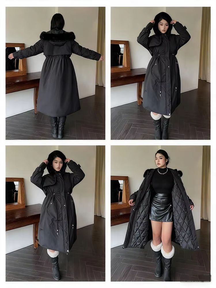 Plus Size Hooded Furry Winter Cotton Jacket Windproof Thickened Plush Warm Coat