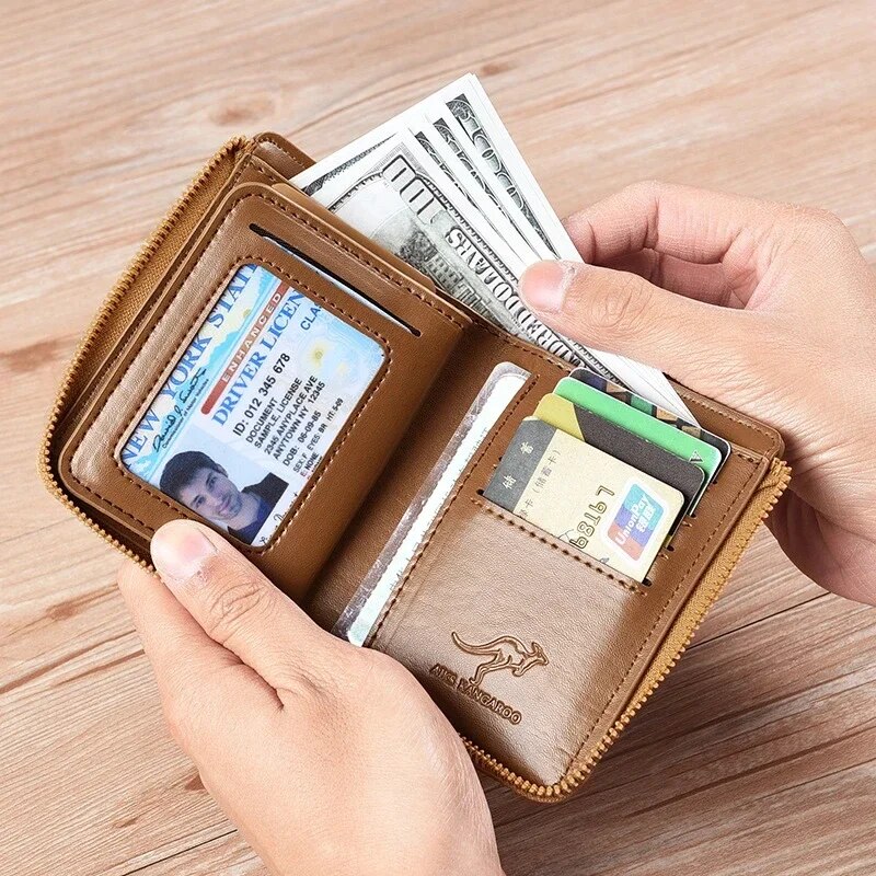 Premium Zipper Mens Leather Wallet with Business Card Holder and Secure Protection