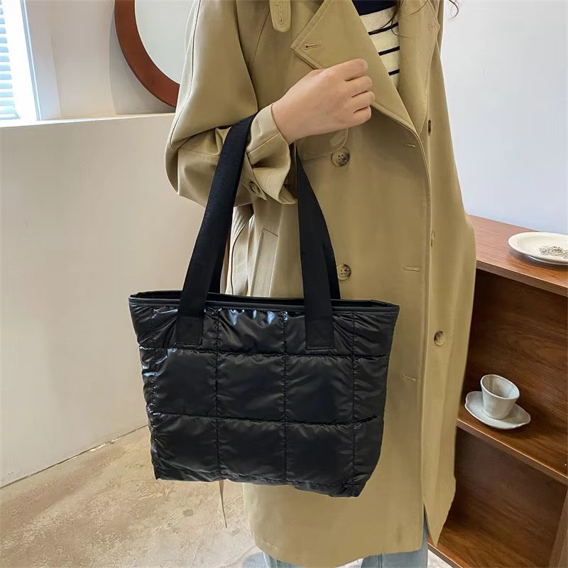 Quilted Solid Fashion Ladies Tote Handbags, Large Capacity Cotton Padded Shopping Bag, Rhombus Portable Handbag